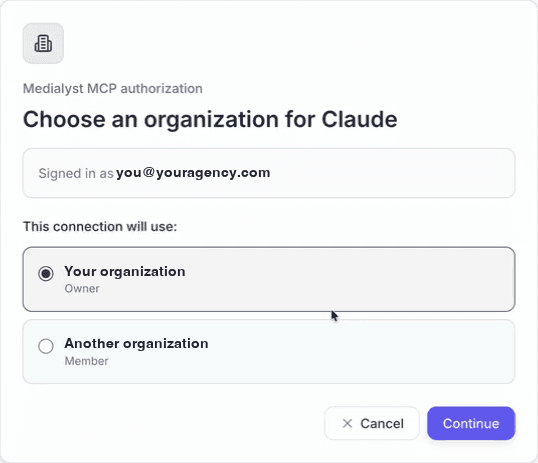 The Medialyst authorization screen, asking which organization Claude should use