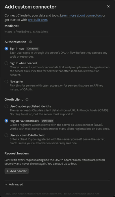Claude's connector settings for Medialyst, with Sign in now and Register automatically selected