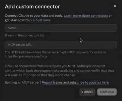 The Add custom connector dialog in Claude, with Name and MCP server URL fields