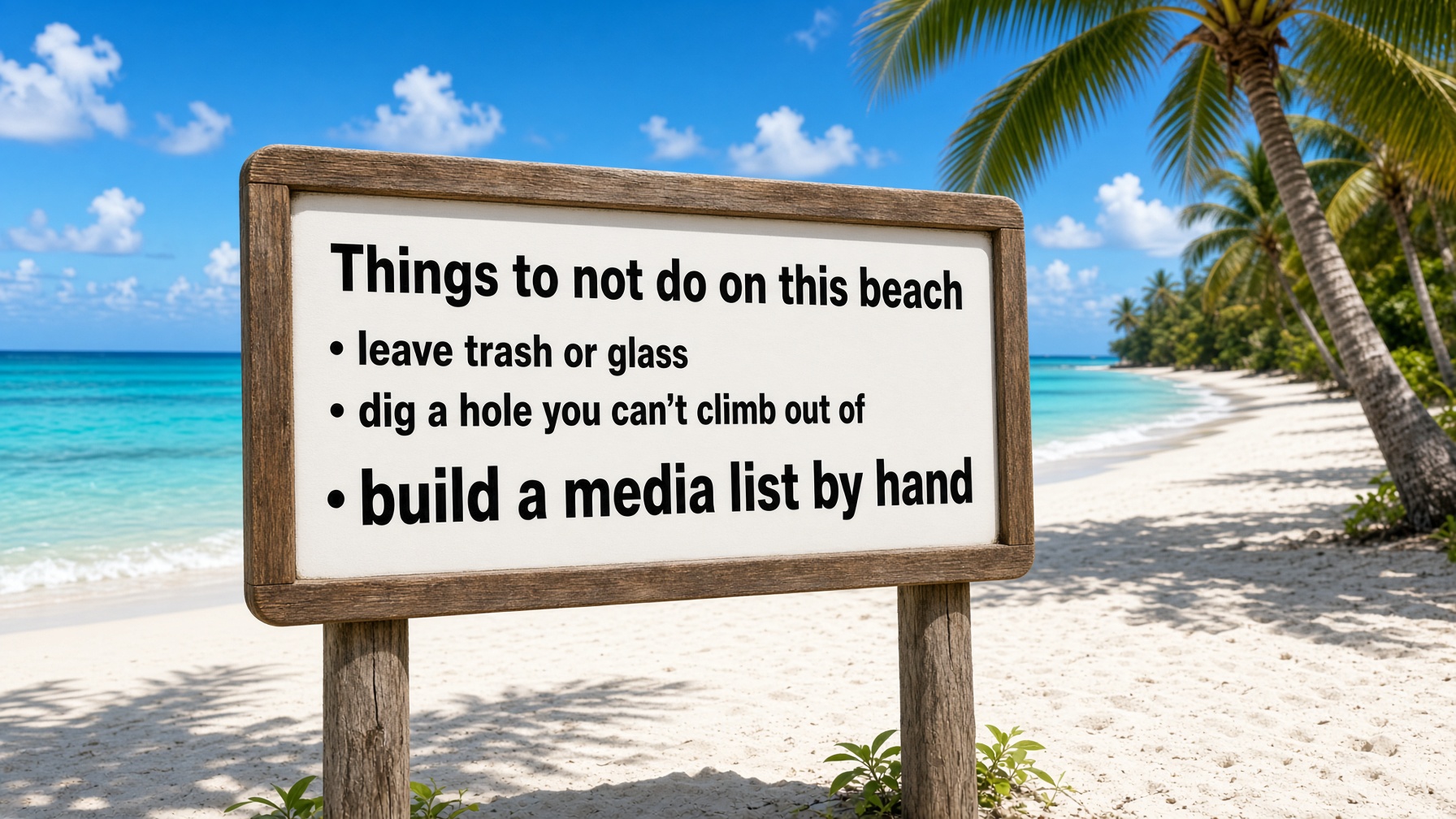 A beach sign reading "Things to not do on this beach: leave trash or glass, dig a hole you can't climb out of, build a media list by hand"