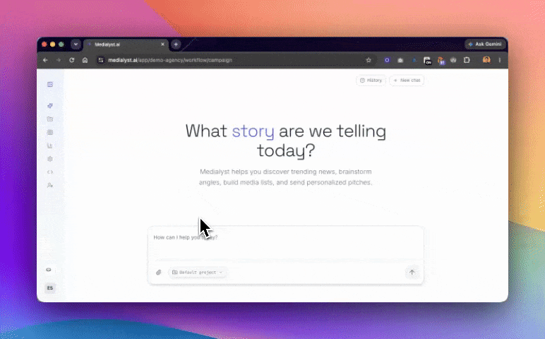 Picking a project from the chat box before starting a campaign in Medialyst