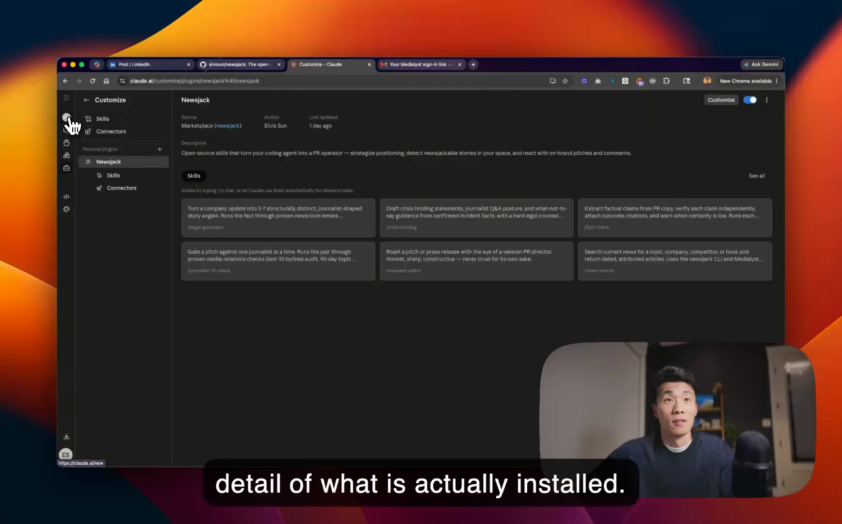 The Newsjack plugin installed in Claude, showing its bundled open-source PR skills