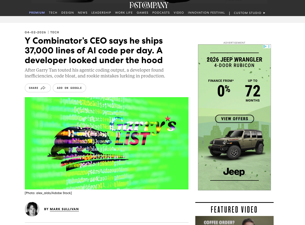 Fast Company article by Mark Sullivan about Garry Tan's AI coding output, featuring commentary from Elvis Sun