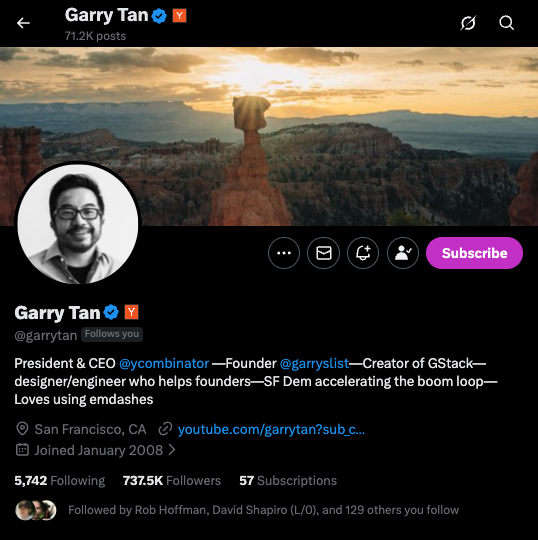 Garry Tan's X profile showing that he follows Elvis Sun after the Fast Company article and follow-up post