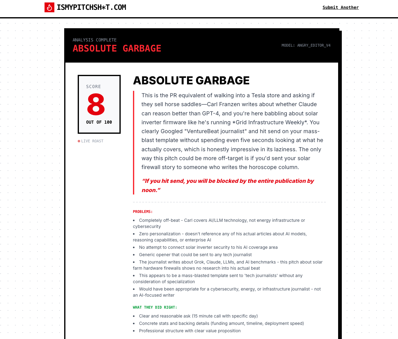 IsMyPitchShit.com rating a pitch "Absolute Garbage" with a score of 8 out of 100