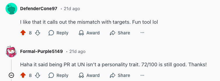 Reddit post about IsMyPitchShit.com